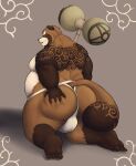  2021 anthro belly brown_body brown_fur butt canid canine clothing fur gyobu humanoid_hands khronosz male mammal moobs nipples overweight overweight_male raccoon_dog simple_background solo tanuki tokyo_afterschool_summoners underwear video_games 