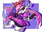  2019 4:3 anthro border bottomwear bow_tie braixen clothing cute_fangs digital_media_(artwork) dipstick_tail eyelashes female hair handwear legwear looking_at_viewer microphone multicolored_tail nelljoestar nintendo open_mouth pink_hair pink_ribbon pok&eacute;mon pok&eacute;mon_(species) popstar pupils purple_background purple_bottomwear purple_clothing purple_skirt purple_tail red_eyes ribbons shaded simple_background skirt slit_pupils solo thigh_highs topwear video_games white_border white_clothing white_legwear 
