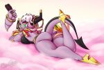  breasts clothing female genitals hi_res hoopa hoopa_(unbound) humanoid latiar legendary_pok&eacute;mon looking_at_viewer looking_back looking_back_at_viewer lying nintendo not_furry on_front pok&eacute;mon pok&eacute;mon_(species) pussy solo video_games 
