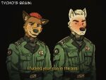  4:3 black_background blush canid canine canis clothing collar dialogue domestic_dog duo dwcmarshalarts english_text fur korean_jindo male male/male mammal military_clothing military_uniform simple_background spitz text uniform white_body white_fur 