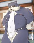  2021 anthro asian_clothing az_paipai belly black_nose canid canine canis clothing east_asian_clothing facial_hair fundoshi hi_res japanese_clothing kemono male mammal mature_male moobs mustache nipples overweight overweight_male solo underwear white_clothing white_fundoshi white_underwear wolf 