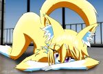  anthro ass_up blonde_hair canid canine canis claws female fox fur gloves_(marking) hair hi_res inner_ear_fluff leg_markings looking_at_viewer mammal markings nikku_lunatique on_ground ouko purple_claws purple_eyes socks_(marking) solo tuft white_body window yellow_body yellow_fur 