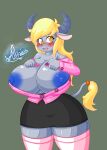  2021 alternate_species alyrise anthro anthrofied areola big_breasts blonde_hair blue_nipples blush bodily_fluids bottomwear bovid bovine breasts cel_shading clothed clothing derp_eyes derpy_hooves_(mlp) dressing embarrassed female friendship_is_magic fur grey_body grey_fur hair hasbro hi_res horn huge_breasts legwear mammal my_little_pony nipples open_clothing open_shirt open_topwear shaded shirt simple_background skirt solo stockings sweat thick_thighs topwear wardrobe_malfunction wide_hips yak yellow_eyes 