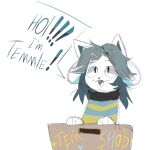  1:1 canid canine clothing felid feline frenkoof hair mammal open_mouth simple_background solo tem temmie_(undertale) text topwear undertale video_games white_body 