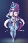  anthro barefoot big_breasts blue_body blue_skin breasts clothing curvy_figure feet female hair hand_on_hip hi_res legendary_pok&eacute;mon looking_at_viewer nintendo nipples pok&eacute;mon pok&eacute;mon_(species) purple_eyes purple_hair sanfingulipunrapin simple_background smile solo suicune thick_thighs video_games voluptuous 