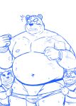  2021 anthro belly blue_and_white blush bodily_fluids clothing group humanoid_hands kemono male mammal monochrome moobs navel nipples overweight overweight_male shiba-kenta sketch sweat underwear undressing ursid 