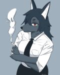 2021 4:5 absurd_res anthro breasts canid canine canis cigarette clothed clothing crossed_arms dress_shirt female fur grey_background grey_body grey_fur hair hi_res high-angle_view holding_cigarette mammal necktie red_eyes shirt simple_background smoke solo topwear whitev wolf 