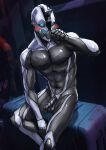  abs absurd_res android balls blush destiny_(video_game) exo flaccid genitals glowing glowing_eyes hi_res humanoid_genitalia humanoid_penis lazlowo looking_at_viewer machine male muscular muscular_male nude penis robot sitting solo 