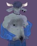  anthro blue_hair bodily_fluids bovid bovine cattle clothing ear_piercing ear_ring facial_piercing hair hidden_eyes horn humanoid jewelry male mammal muscular necklace nose_piercing nose_ring pecs petitetomatecerise piercing pubes smile solo sweat torso 
