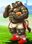  2021 american_football anthro ball barazoku black_body bodily_fluids bottomwear bovid bovine bulge cattle clothing facial_piercing hi_res humanoid_hands kemono male mammal muscular muscular_male nipples nose_piercing nose_ring outside piercing raichoclub shorts solo sport sweat 