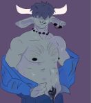  anthro blue_hair bodily_fluids bovid bovine cattle clothing ear_piercing ear_ring facial_piercing hair hidden_eyes horn humanoid jewelry male mammal muscular necklace nose_piercing nose_ring pecs petitetomatecerise piercing pubes smile solo sweat torso 