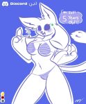  anthro bikini bikini_pull blue_background blush canid canine clothing clothing_pull clyde_(discord) cute_fangs dialogue discord_(app) english_text female fur humor lol_comments mammal navel open_mouth quiverthorn signature simple_background solo standing swimwear swimwear_pull text uwu white_body white_fur 