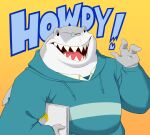  2019 3_fingers anthro clothed clothing collared_shirt countershade_face countershading dc_comics dialogue english_text eyewear fingers fish gesture glasses gradient_background grey_body grey_skin harley_quinn_(series) hoodie king_shark looking_at_viewer male marine obese open_mouth overweight pince-nez pokelai shark sharp_teeth simple_background smile solo teeth text topwear waving 