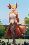  anthro black_body black_fur breasts canid canine delphox female fur halu hi_res inner_ear_fluff mammal nintendo pok&eacute;mon pok&eacute;mon_(species) red_body red_fur shaded solo stick tuft video_games white_body white_fur yellow_body yellow_fur 