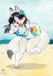  ambient_bird anthro avian ball beach beach_ball bikini bikini_bottom bikini_top bird black_body black_fur black_nose breasts canid canine claws clothing cloud dipstick_tail feet female flower_on_head fox fur hair inflatable inner_ear_fluff jewelry kemono looking_at_viewer mammal multicolored_tail murazaki necklace open_mouth open_smile painting_(artwork) sand seaside signature smile smiling_at_viewer solo standing swimwear toes traditional_media_(artwork) tuft water watercolor_(artwork) waterside waving_at_viewer white_body white_fur yellow_eyes 