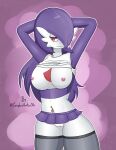  2021 absolute_territory bottomwear breasts clothed clothing complex_vortex female gardevoir genitals hair hands_behind_head hi_res humanoid legwear long_hair miniskirt navel navel_piercing nintendo nipples no_underwear piercing pok&eacute;mon pok&eacute;mon_(species) purple_hair pussy raised_clothing raised_topwear signature simple_background skirt smile solo thigh_highs topwear video_games 