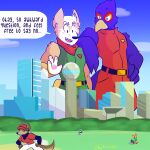  1:1 anthro avian beak bird blue_body canid canine clothing dialogue digital_media_(artwork) duo english_text falco_lombardi feathers fizzyjay fox fox_mccloud fur group hi_res humor macro male mammal nintendo star_fox text video_games 