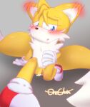  anthro balls blue_eyes blush canid canine censored clothing ear_blush flaccid footwear foreskin fox fur genitals gloves handwear legwear male mammal miles_prower mostly_nude multicolored_body multicolored_fur onechan penis sega shoes solo sonic_the_hedgehog_(series) two_tone_body two_tone_fur white_body white_fur yellow_body yellow_fur 