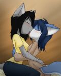  2017 anthro bed big_breasts black_hair blue_body blue_fur blue_hair blush breasts brown_background canid canine canis digital_media_(artwork) domestic_cat domestic_dog duo english_text eyelashes faith_(icirculate-sound) felid feline felis female female/female fingers fur furniture grey_body grey_fur hair hug husky kissing making_out mammal multicolored_body multicolored_fur nordic_sled_dog sandwich-anomaly simple_background spitz text tongue tongue_out vanessa_(sandwich-anomaly) whiskers white_body white_fur 