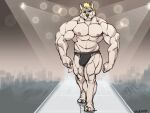  2020 2d_animation 4:3 abs abstract_background animated anthro barazoku big_bulge big_muscles biped blonde_eyebrows blonde_hair bouncing_bulge bulge canid canine canis cel_shading clothed clothing deltoids digital_media_(artwork) eyebrows frame_by_frame fur green_eyes grey_body grey_fur hair light lighting looking_at_viewer loop male mammal muscular muscular_anthro muscular_male navel nipples oldshep pecs pink_nipples plantigrade quads reflection runway shaded short_playtime signature simple_background solo spotlight underwear underwear_only walk_cycle walking wolf 