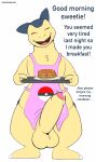  2021 absurd_res anthro apron apron_only balls big_balls big_penis blue_body blue_fur blush bodily_fluids clothed clothing cute_fangs dabelette dialogue dripping english_text erection eyes_closed food foreskin front_view fur genital_fluids genitals hi_res humanoid_genitalia humanoid_penis male morning_wood mostly_nude multicolored_body multicolored_fur nintendo open_mouth orange_body orange_fur pancake partially_clothed penis pok&eacute;mon pok&eacute;mon_(species) precum precum_drip simple_background smile solo standing text tray two_tone_body two_tone_fur typhlosion uncut video_games white_background 