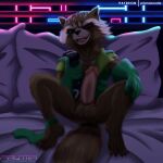  1:1 2021 absurd_res anthro balls brown_body clothed clothing digital_media_(artwork) erection fur genitals guardians_of_the_galaxy hi_res looking_at_viewer male mammal marvel partially_clothed penis prismanoodle_(artist) procyonid raccoon rocket_raccoon smile solo 