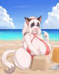  4:5 absurd_res anthro areola beach big_breasts bikini breasts clothed clothing domestic_cat felid feline felis female hair hi_res huge_breasts inake mammal sand_castle sculpture seaside solo swimwear white_hair 