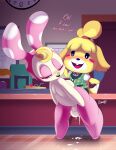  &lt;3 2021 absurd_res animal_crossing anthro balls better_version_at_source blonde_hair blush bodily_fluids canid canine canis chrissy_(animal_crossing) clothed clothing cum digital_media_(artwork) domestic_dog duo english_text genital_fluids genitals hair hi_res inside isabelle_(animal_crossing) lagomorph leporid maehdoggie male mammal nintendo one_eye_closed open_mouth penis rabbit shih_tzu text tongue toy_dog video_games yellow_body 