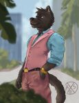  alphasabre anthro canid canine canis classy clothed clothing ear_piercing facial_piercing hi_res male mammal nose_piercing nose_ring piercing sabre_(sabrethewolf) solo topwear tropical vest wolf 