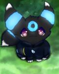  4:5 absurd_res black_body black_fur blue_body blue_fur clothing eeveelution feral fluffy fluffy_tail fur hi_res jacket male mammal markings_(fur) nintendo paws pok&eacute;mon pok&eacute;mon_(species) shiny_pok&eacute;mon smile snoiifoxxo solo topwear tuft umbreon video_games 