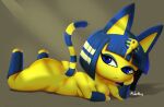  animal_crossing ankha_(animal_crossing) anthro bored butt covering covering_breasts domestic_cat featureless_hands featureless_legs felid feline felis female hand_on_cheek looking_at_viewer lying mammal molemug nintendo nude on_front simple_background solo video_games 