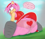  &lt;3 amy_rose anthro big_butt blush breasts butt camel_toe clothed clothing clothing_lift cloud dialogue dress dress_lift eulipotyphlan eyelashes female footwear fur fur_tuft genital_outline grass hair half-closed_eyes head_tuft headgear headwear hedgehog hi_res looking_away low-angle_view mammal multicolored_body narrowed_eyes open_mouth outside plant pussy_outline rear_view sega shirt shoes shy side_boob sitting sky small_nose small_tail solo sonic_the_hedgehog_(series) sp_advanced speech_bubble text topwear tuft undershirt underwear video_games view_from_below 