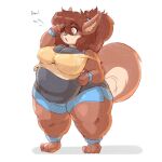  1:1 :o anthro barefoot belly big_belly big_breasts big_tail black_nose blush bodily_fluids bottomwear breasts brown_body brown_eyes brown_fur brown_hair canid canine canis clothing colored_sketch crop_top curvy_figure domestic_dog exercise_clothing feet female fur garuda_six hair hair_over_eye hi_res hotpants looking_away mammal mary_blissany one_eye_obstructed open_mouth overweight overweight_anthro overweight_female ponytail shirt shorts simple_background solo sweat sweatband thick_thighs tied_hair topwear voluptuous white_background wide_hips 