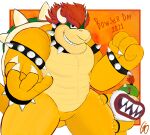  2021 abs absurd_res anthro armband bandanna barazoku bib big_muscles bowser bowser_day bowser_jr. bracelet collar digital_drawing_(artwork) digital_media_(artwork) duo english_text fist fist_pump gio-joe hi_res hiding jewelry kerchief koopa looking_at_viewer male mario_bros musclegut muscular muscular_male nintendo open_hand pecs raised_arm scalie signature spiked_armband spiked_bracelet spiked_collar spikes text video_games 