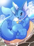  2021 3_fingers 3_toes ambiguous_gender belly blue_body blue_eyes blush cloud day eeveelution feet feral fin fingers frill_(anatomy) happy kemono looking_at_viewer nintendo nude o-ring open_mouth open_smile outside pawpads paws pok&eacute;mon pok&eacute;mon_(species) sky smile solo sun toes tongue ukan_muri vaporeon video_games water white_body 
