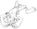  anthro bandai_namco barefoot black_and_white briefs claws clothed clothing digimon digimon_(species) feet lying male monochrome scar simple_background sketch smile solo teeth_showing thegreatmatsutzu topless underwear underwear_only weregarurumon white_background 