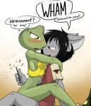  2017 alcohol amelia_(sandwich-anomaly) amphibian anthro beverage big_breasts black_hair blush bodily_fluids bottomless bottomless_anthro bottomless_female bottomless_male breasts clothed clothing crop_top dialogue digital_media_(artwork) domestic_cat drunk duo english_text eyelashes felid feline felis female fingers french_text frog fur green_body green_skin grey_body grey_fur hair hug looking_at_another male male/female mammal multicolored_body multicolored_skin music musical_note on_lap phone sandwich-anomaly shirt side_boob simple_background simple_eyes sitting sitting_on_lap smile substance_intoxication sweat teeth text thick_thighs topwear translated van_(sandwich-anomaly) wide_hips yellow_eyes 