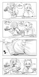  4koma absurd_res alcohol anthro beer beverage bovid breasts canid canine canis caprine cinnabar_(crunchobar) clothed clothing comic conditional_dnp crunchobar dialogue domestic_dog english_text female goat hi_res male mammal monochrome restaurant simple_background sketch speech_bubble text wet wet_clothing 