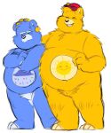  2021 anthro belly blue_body blush care_bears clothing duo eyes_closed funshine_bear grumpy_bear hat headgear headwear male mammal overweight overweight_male shyybuchi simple_background ursid white_background yellow_body 