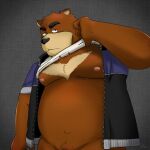  2021 anthro barely_visible_genitalia barely_visible_penis belly black_nose brown_body brown_fur fur genitals hi_res juuichi_mikazuki male mammal moobs morenatsu navel nipples overweight overweight_male penis ragnadope solo ursid video_games visual_novel 