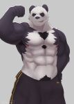  2021 abs absurd_res anthro armpit_hair barazoku beastars biceps big_muscles black_sclera body_hair bottomwear chest_hair clothed clothing flexing giant_panda gouhin grey_background hand_on_hip hi_res jayjay_(artist) looking_at_viewer male mammal muscular muscular_anthro muscular_male navel nipples pants pecs pubes simple_background smile smirk solo standing topless topless_male ursid 