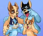  2021 anthro australian_cattle_dog bingo_heeler blue_body blue_fur bluey_(series) bluey_heeler canid canine canis cattledog chest_tuft chilli_heeler digital_media_(artwork) dipstick_limbs domestic_dog female finger_on_mouth fur fur_tuft group half-closed_eyes half-length_portrait hand_on_face herding_dog making_faces male mammal multicolored_body multicolored_fur narrowed_eyes omniicores24 orange_body orange_fur pastoral_dog pivoted_ears portrait sharp_teeth signature silly silly_face simple_background teeth tongue tongue_out tuft 