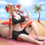  anthro beach bikini breasts claws clothed clothing cloud cobra day detailed_background female furgonomics furry-specific_piercing ikiki navel palm_tree piercing plant red_eyes reptile sand scalie sea seaside snake snake_hood snake_hood_piercing solo swimwear tree water 