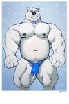  2021 5_fingers anthro big_muscles black_nipples black_nose blue_eyes bodily_fluids bulge clothed clothing eyebrows fingers flexing fur genital_fluids genital_outline grin hi_res humanoid_hands looking_at_viewer male mammal musclegut muscular muscular_anthro muscular_male nipples overweight overweight_male penis_outline polar_bear precum smile snow solo standing taoren thick_eyebrows thong topless underwear underwear_only ursid ursine white_body white_fur 