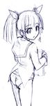  :o ass bangs blunt_bangs from_behind hair_ribbon hime_cut holding long_sleeves looking_at_viewer looking_back lowres monochrome nanakorobi no_pants open_mouth pani_poni_dash! panties ribbon school_uniform serafuku short_twintails simple_background sketch solo standing surprised suzuki_sayaka twintails underwear 