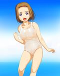  a1 blue_eyes breasts brown_hair covered_nipples kamichu! large_breasts nipples one-piece_swimsuit pubic_hair see-through shijou_mitsue short_hair solo swimsuit wet 