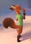  anthro bottomless bottomless_anthro bottomless_male canid canine clothed clothing disney food fox hi_res licking looking_at_viewer looking_back male mammal nick_wilde outside pawpsicle popsicle public shirt solo tongue tongue_out topwear zaush zootopia 