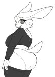  anthro big_butt big_ears black_clothing bottomwear breasts buckteeth butt clothed clothing conditional_dnp curvy_figure eyelashes female hi_res lagomorph legwear leporid long_ears looking_at_viewer love_handles mammal open_mouth panties pants presenting presenting_hindquarters rabbit shirt side_boob slightly_chubby smile solo standing teeth thick_eyelashes thick_thighs tight_clothing tights topwear underwear undressing voluptuous white_panties wide_hips xopachi 