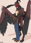  clothed clothing cryptid duo dustin_c fur hair hi_res human humanoid male male/male mammal monster mothman original_charater red_eyes romantic romantic_couple simple_background size_difference smile wings 