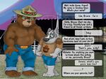  2021 4:3 anthro badger black_nose bottomwear brown_body brown_fur brucebadger clothing duo english_text fur greeting grey_body grey_fur hat headgear headwear humanoid_hands male mammal mustelid musteline pants shirt shorts slightly_chubby smokey_bear text topwear ursid 